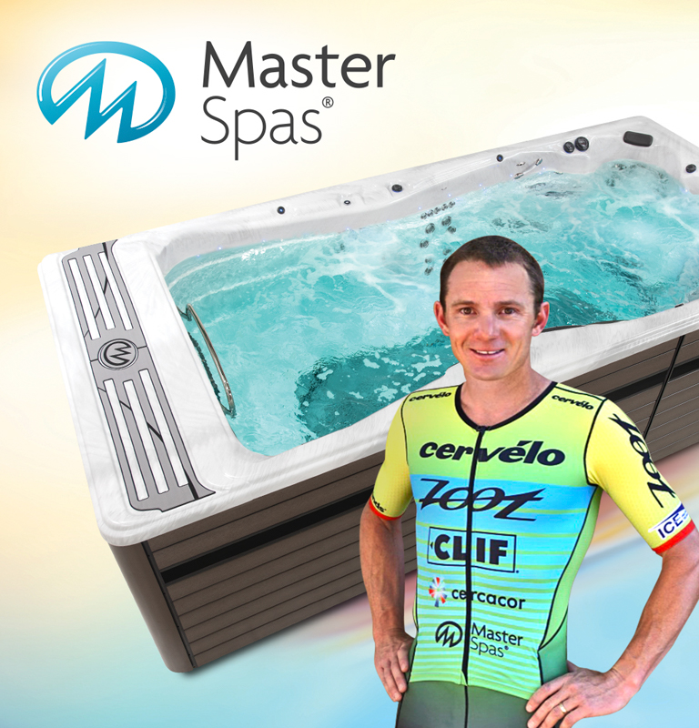 Ben Hoffman, IRONMAN champion, with an h2x swim spa by master spas